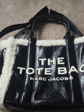 Marc Jacobs Black Patent Tote with Cream Sherpa Trim BRAND NEW